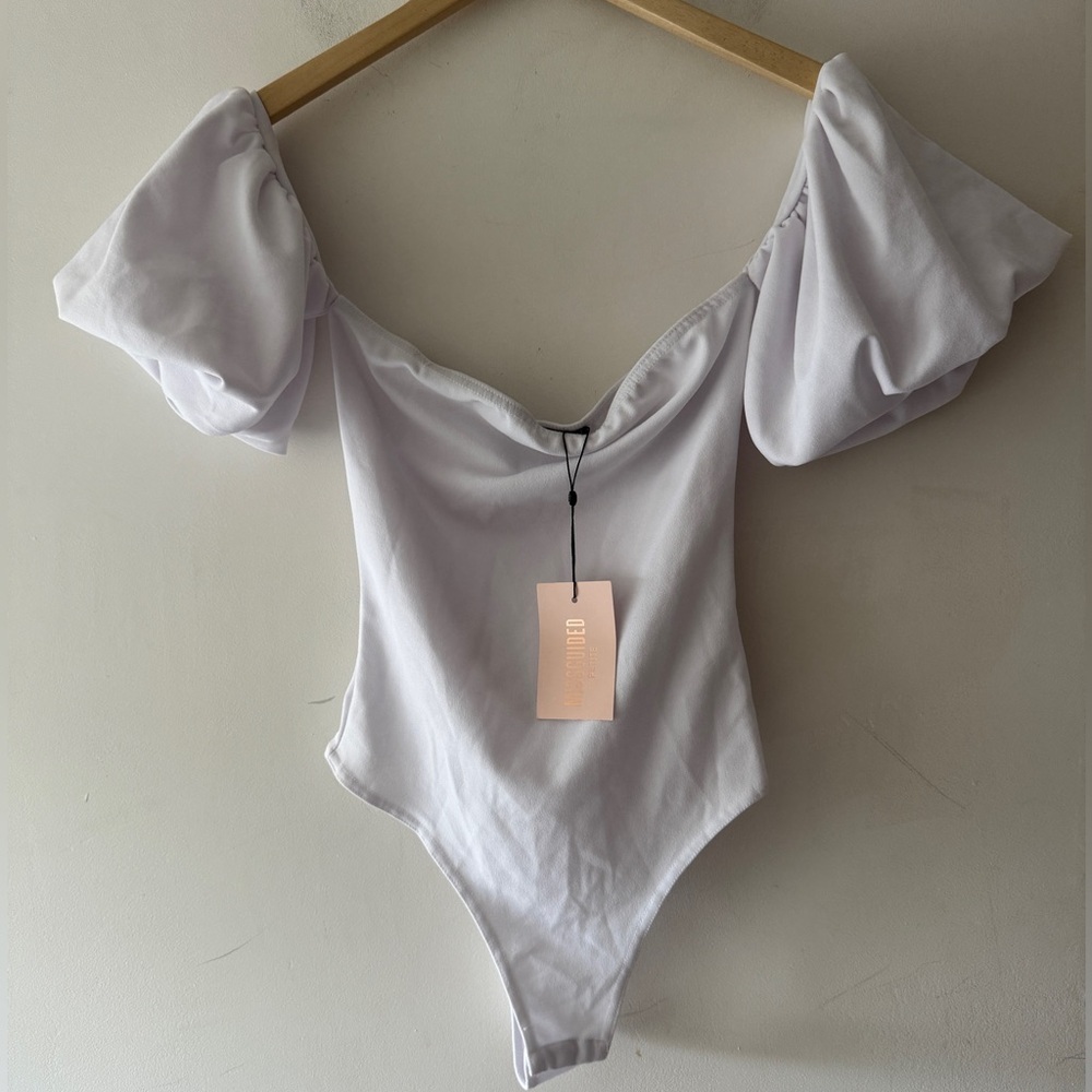 NEW!! Missguided Petite White Bardot‎ Puff Short Sleeve Bodysuit